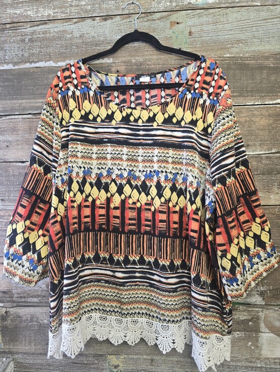 Ing Tops - ING Women's Multicolor Patterned Crochet Hem Top, Size 2X